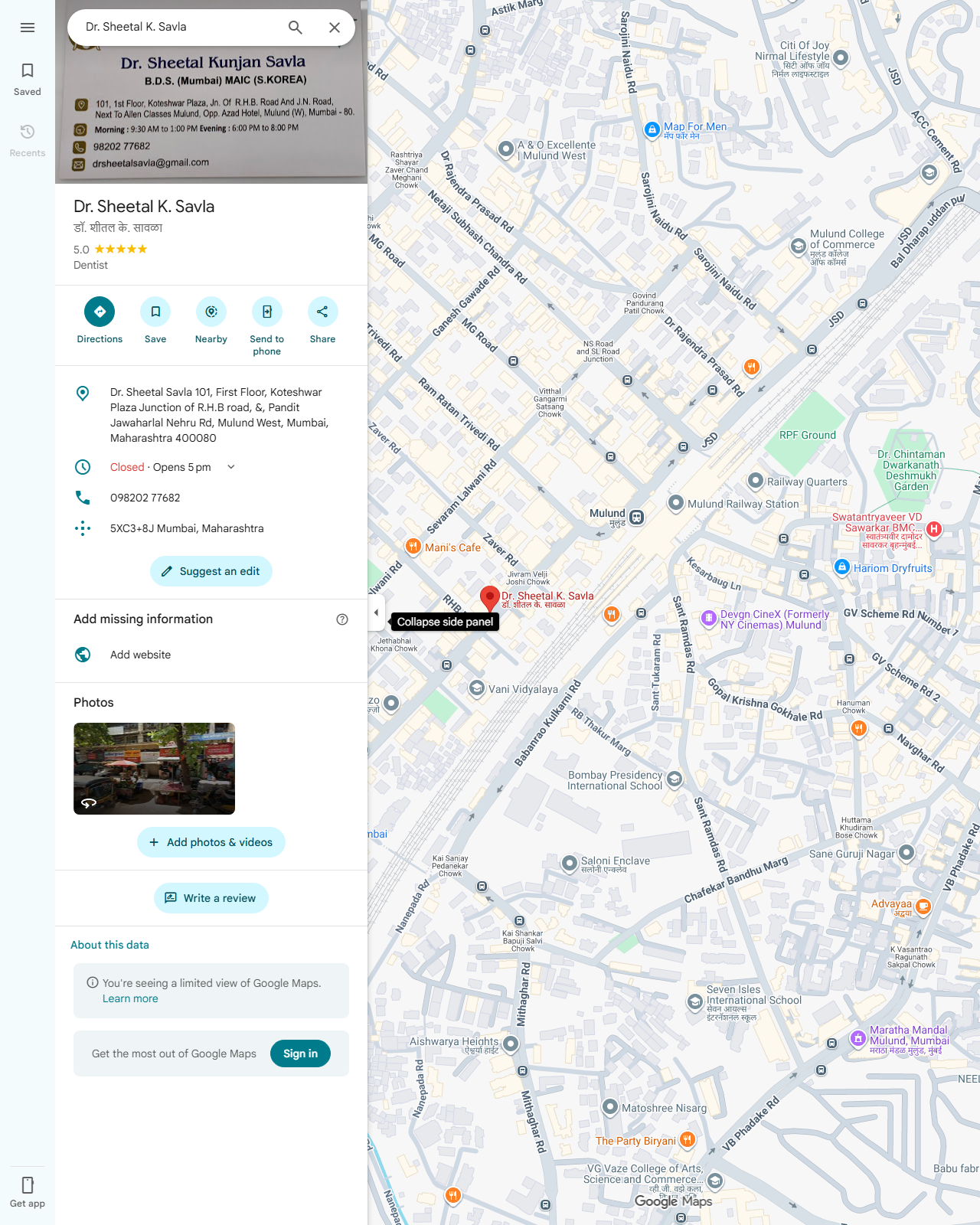 Live screenshot of the Google listing